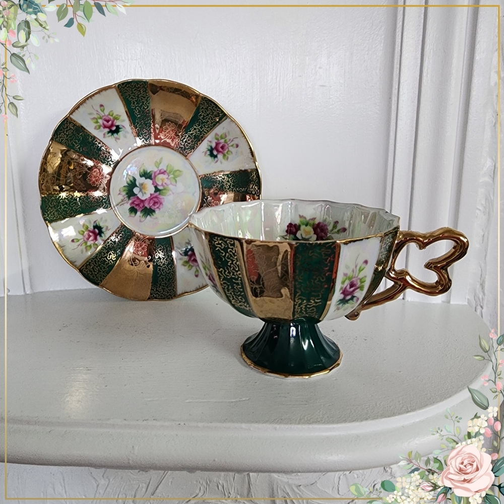 VINTAGE SHAFFORD GREEN/GOLD TEA CUP AND SAUCER SET JAPAN HAND DECORATED MARKED!